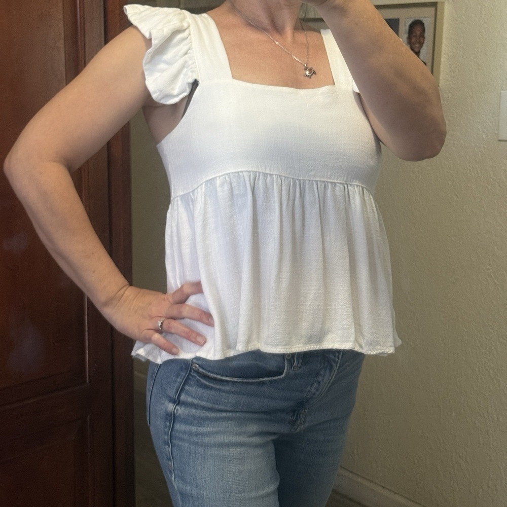 White Womens Square Neck Babydoll Tank Sz Large Ruffle Strap Boho Country Chic‎